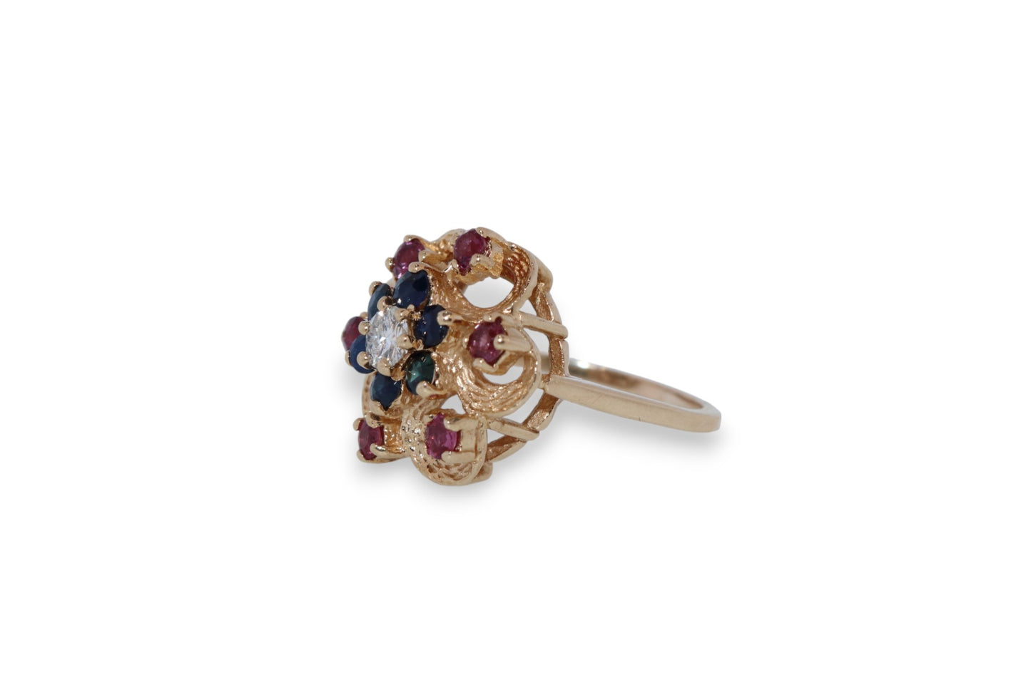 14K Yellow Gold Diamond, Sapphire & Ruby Flower Ring