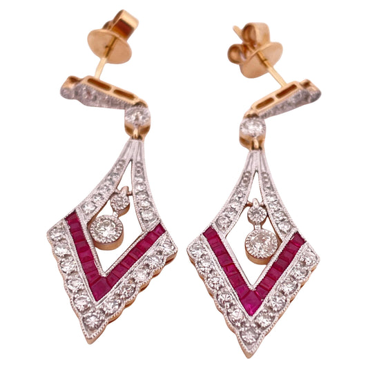 0.78ctw Ruby & 0.85ctw Diamond Drop Dangle Earrings Set In 14K Two Tone Gold