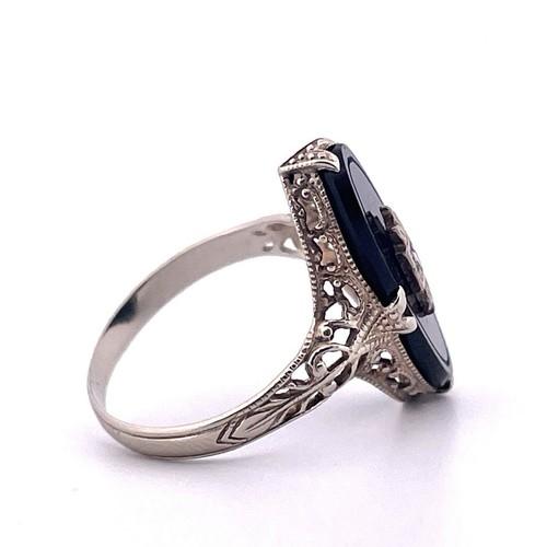 14K White Gold Delicate Filigree Black Onyx Diamond Ring Size 5.5