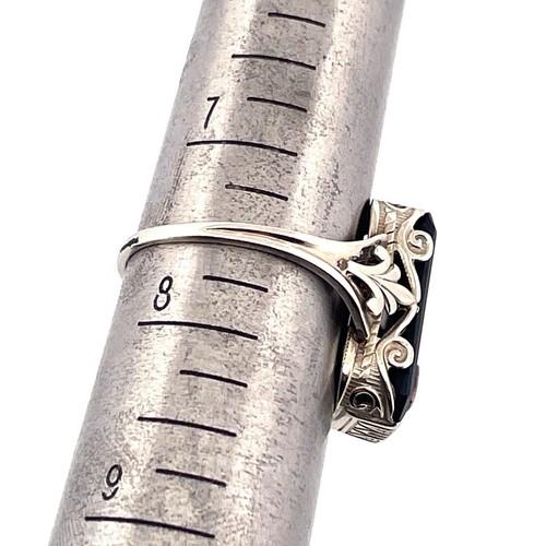 14K White Gold Delicate Filigree Black Onyx Diamond Ring Size 7.5