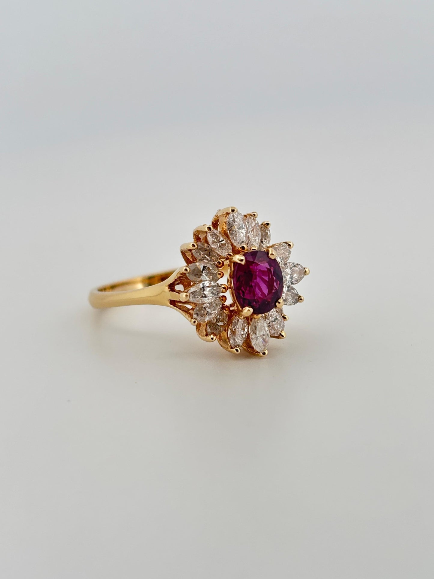 14K Yellow Gold 0.92ctw Oval Cut Ruby & 1.00ctw Marquee Cut Diamond Ring
