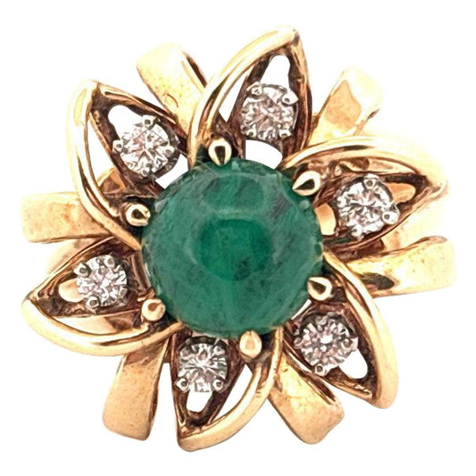 14K Yellow Gold 1.65 Carat Cabochon Emerald 0.25 Carat Diamond Ring
