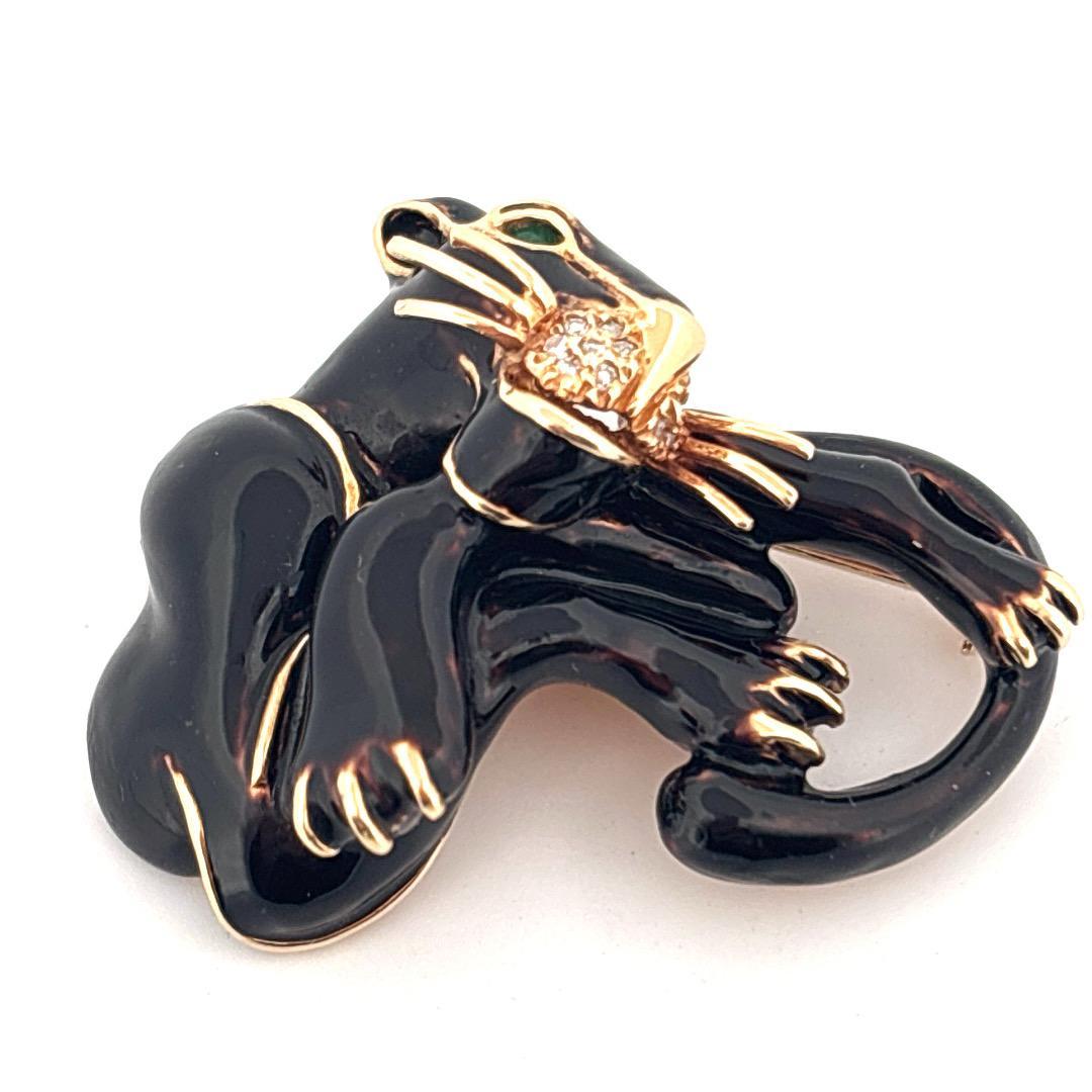 14K Yellow Gold Black Enamel Emerald & Diamond Bagheera Disney Brooch Pin