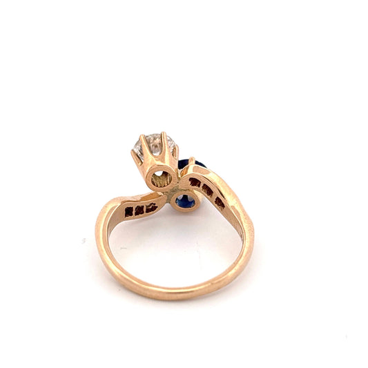 14K Yellow Gold European Cut Diamond and Sapphire Toi Et Moi Ring