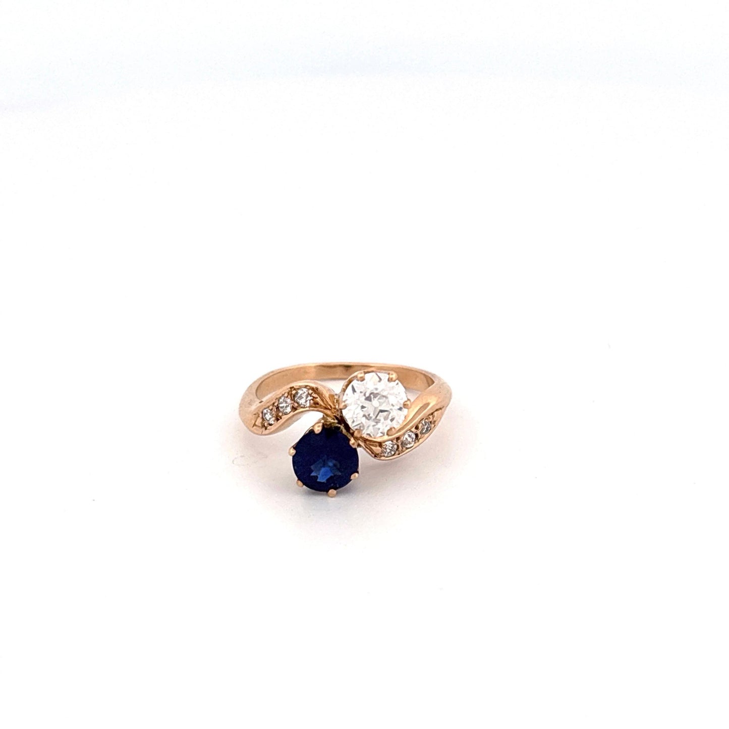 14K Yellow Gold European Cut Diamond and Sapphire Toi Et Moi Ring