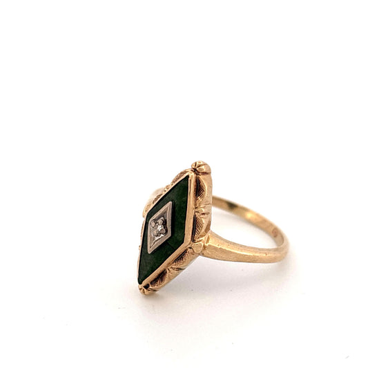 14K Yellow Gold Jade & Diamond Ring
