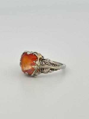 14k White Gold Filigree Orange Glass Ring/ Size 4.25/ 1.9g