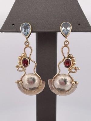 14k Yellow Gold & SS Topaz & Garnet Drop Earrings/ 9.8g Total Weight