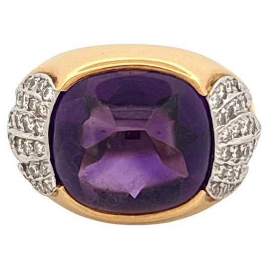 18K Yellow Gold & Platinum 6.80ctw Cabochon Amethyst 0.40ctw Diamond Ring