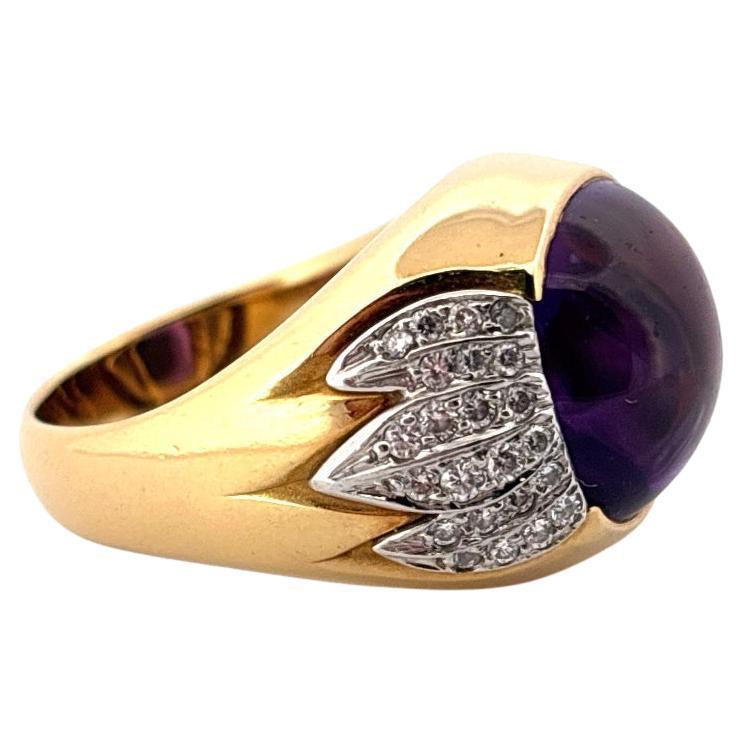18K Yellow Gold & Platinum 6.80ctw Cabochon Amethyst 0.40ctw Diamond Ring