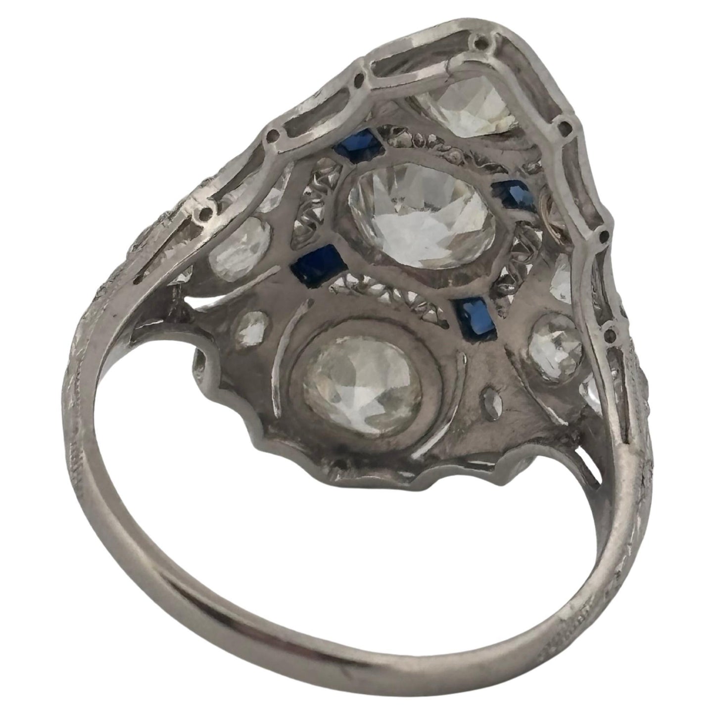 1920's Antique Platinum Filigree 2.02ctw I-J SI2-I2 Diamond & Sapphire Ring
