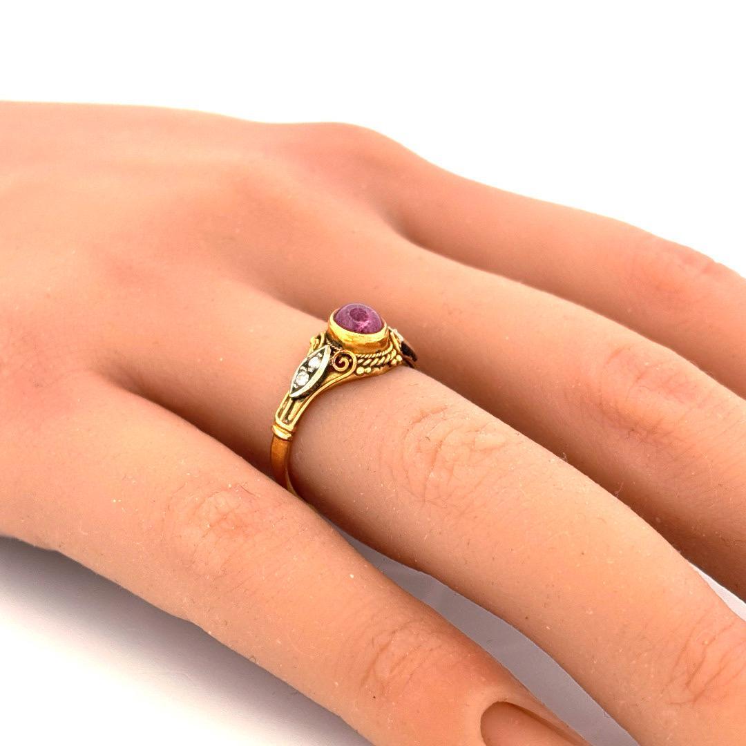 22K Yellow Gold With platinum Top Cabachon Ruby & Diamond Ring