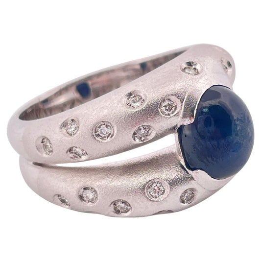 2.60ctw Cabochon Sapphire & 0.45ctw Diamond Ring Set In 18K Brushed White Gold