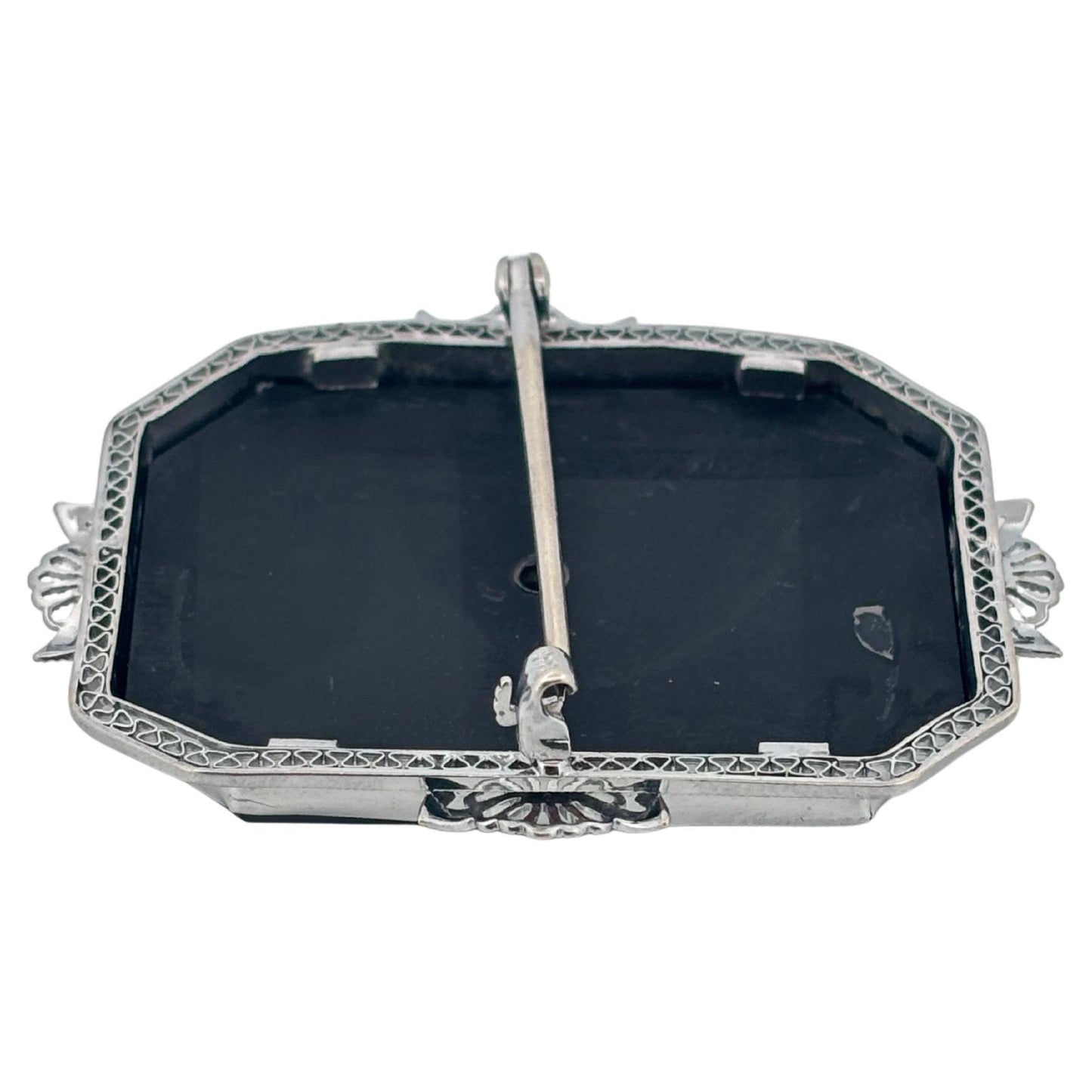 Antique Filigree 14K White Gold Large Black Onyx Lady Cameo Brooch