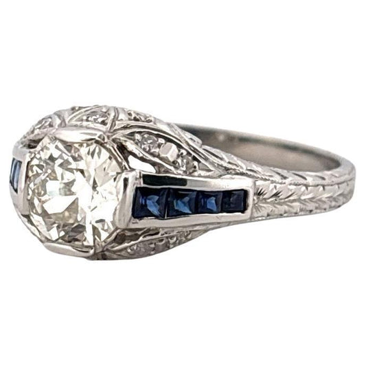 Antique Platinum 0.75ctw Center Old European Cut Diamond & 0.32ctw Sapphire Ring