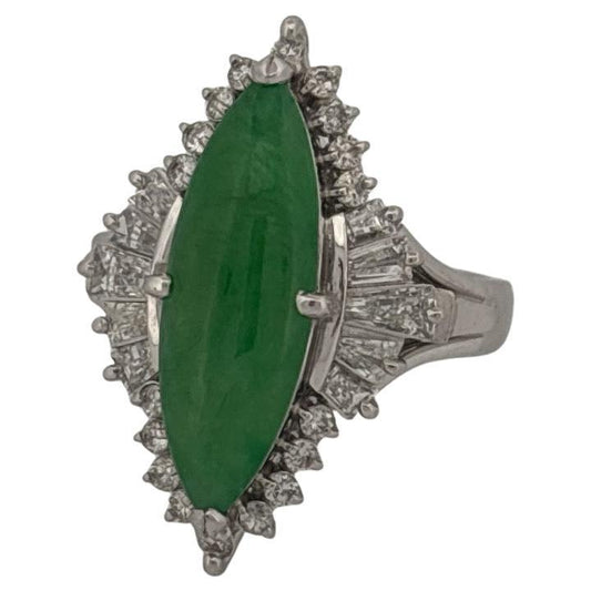 Antique Platinum Long Green Jade & 0.75ctw Round & Baguette Diamond Ring