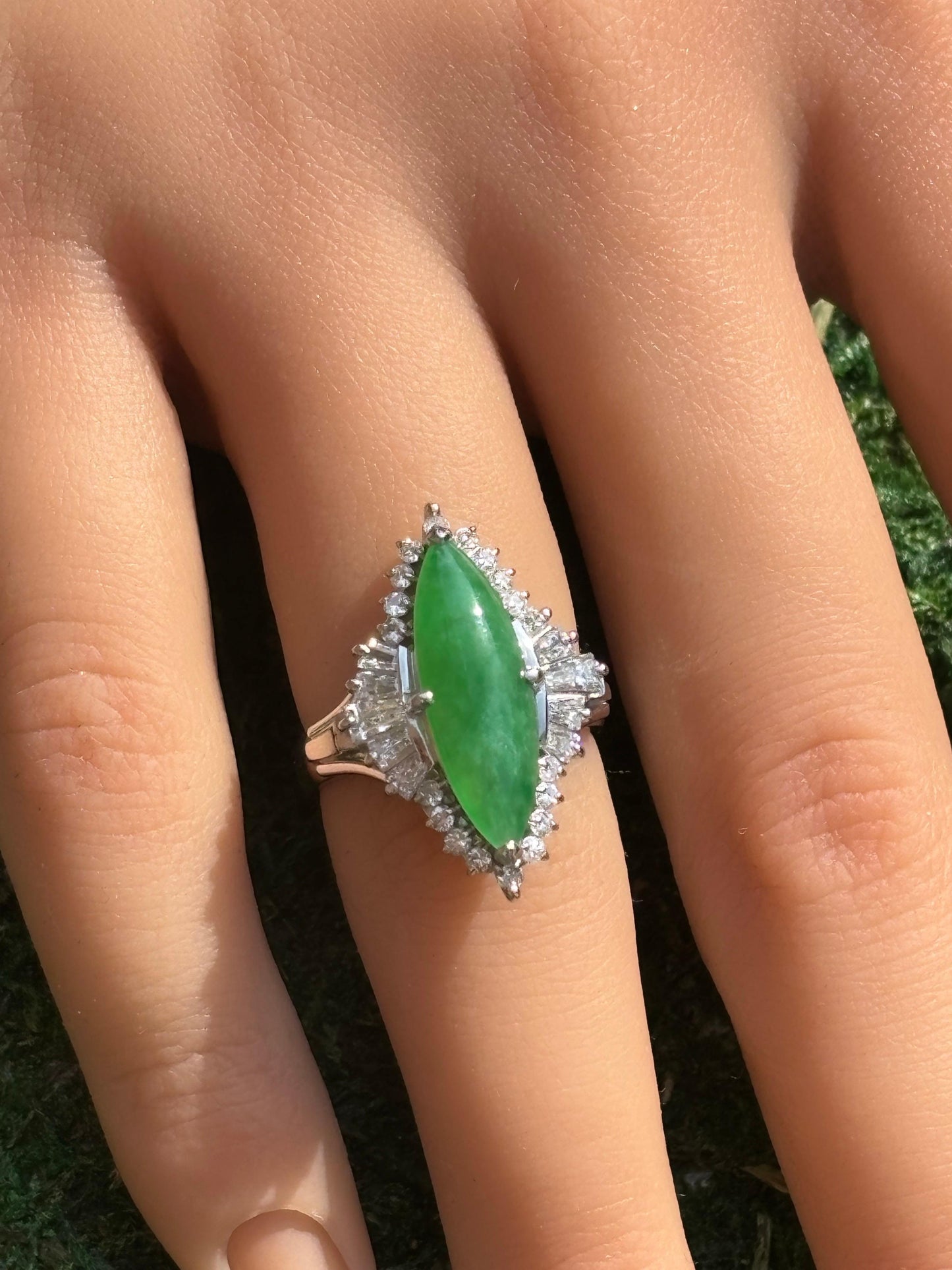 Antique Platinum Long Green Jade & 0.75ctw Round & Baguette Diamond Ring