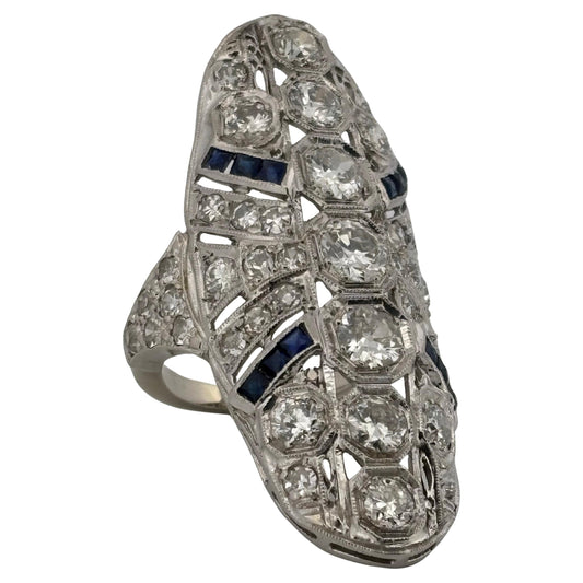 Art Deco 14K White Gold 3.36ctw Old European Cut H SI1 Diamond & Sapphire Ring