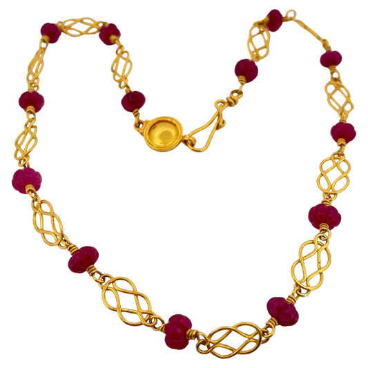 Bessie Jamieson 22K Yellow Gold Multi Carved Ruby Fine Necklace 16 Inch