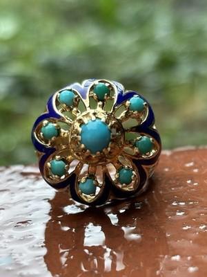 Blue Enameled Vintage 14K Yellow Gold Round Turquoise Ring Size 8.00