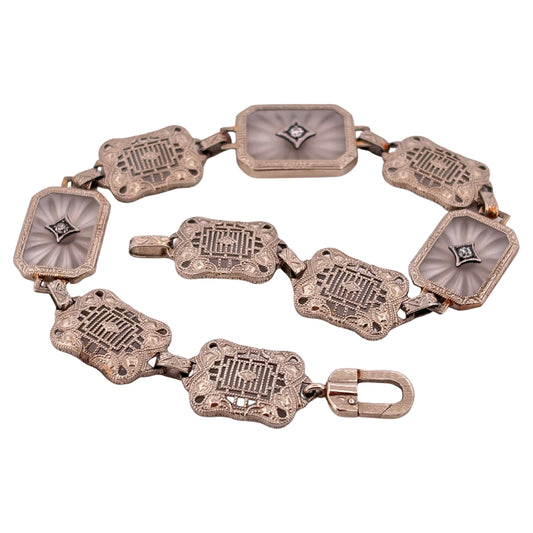 Filigree 14K White Gold Quartz 0.03ctw Round Cut Diamond Bracelet