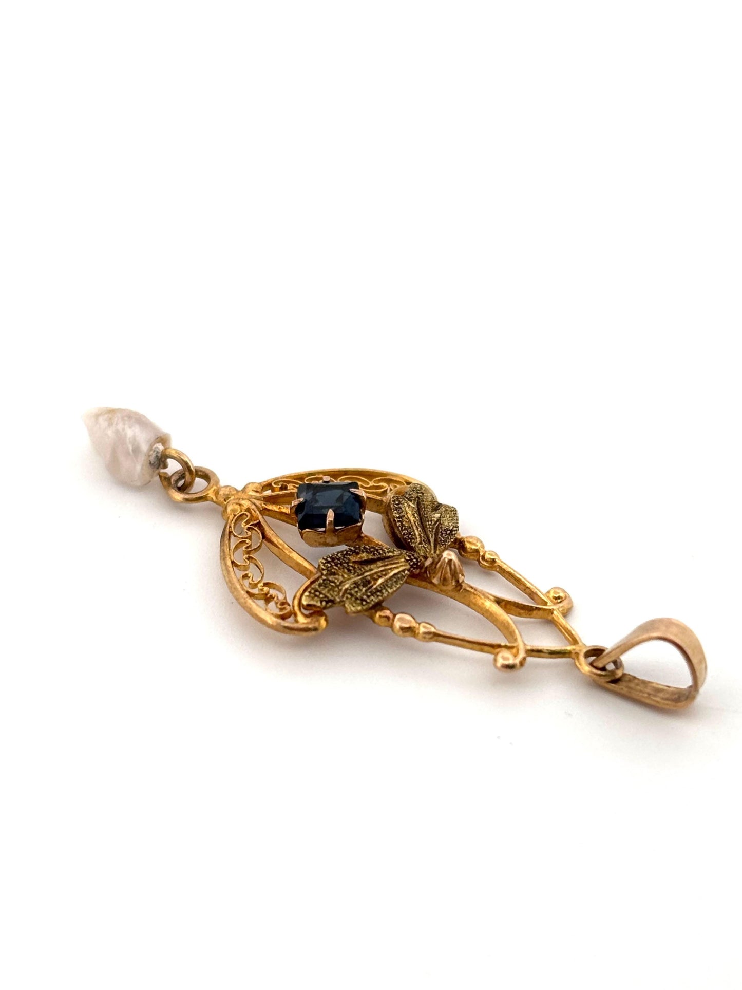 Fine Lavalier 10K Yellow Gold Square Cut Blue Sapphire Pearl Necklace Pendant