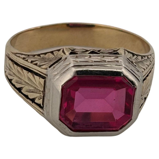Hand Engraved 14K Yellow & White Gold Emerald Cut 3.50ctw Synthetic Ruby Ring