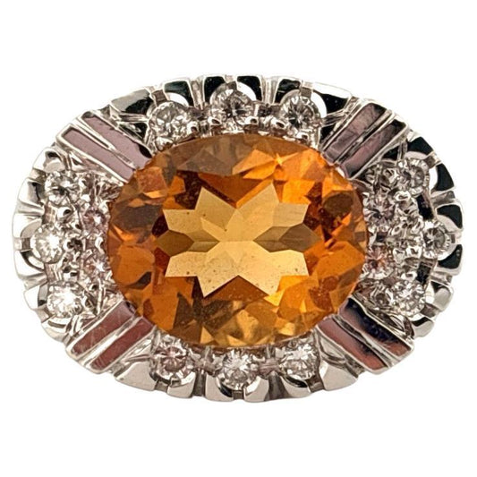 Heavy 18K White Gold 2.85ctw Oval Cut Citrine & 0.16ctw Diamond Ring