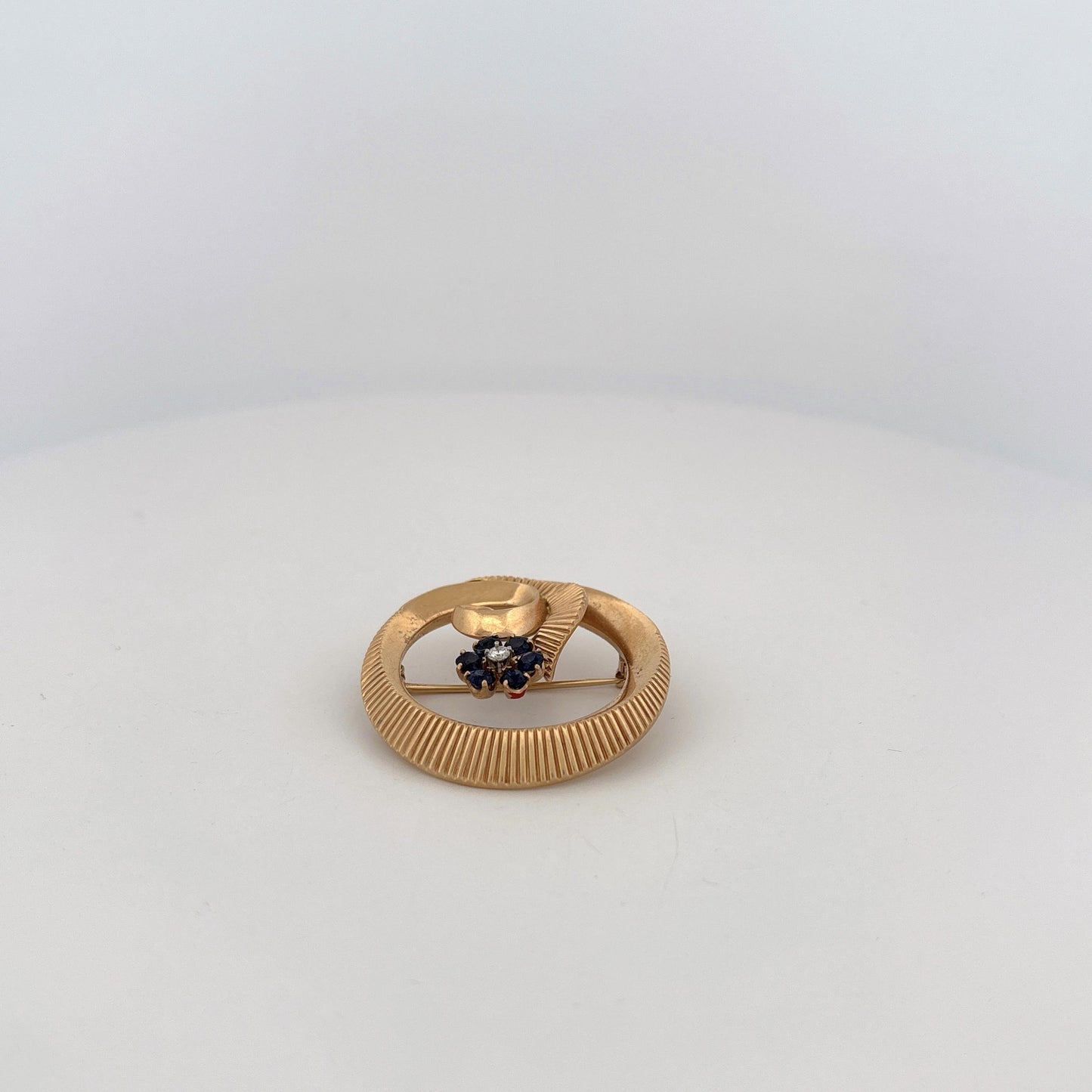 GIA 14K Yellow Gold Sapphire and Diamond Circle Floral Brooch