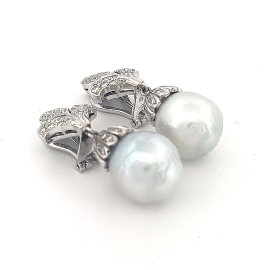 18K White Gold 1.00 Carat Diamond with Pearl Drop Earrings