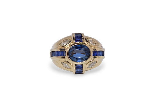 14K Yellow Gold Blue Sapphire & Diamond Vintage Ring