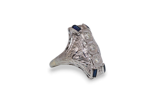 18K White Gold 1930’s Diamond & Sapphire Vintage Estate Ring