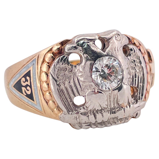 Masonic Double Eagle 0.38ctw Diamond Ring Set In 14K Gold & Platinum Face