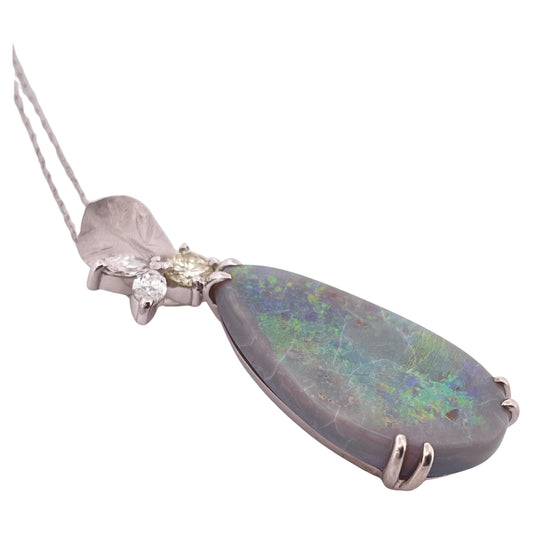 Platinum 9.7ctw Opal & 0.47ctw Diamond Pendant With 18k White Gold 18” Chain