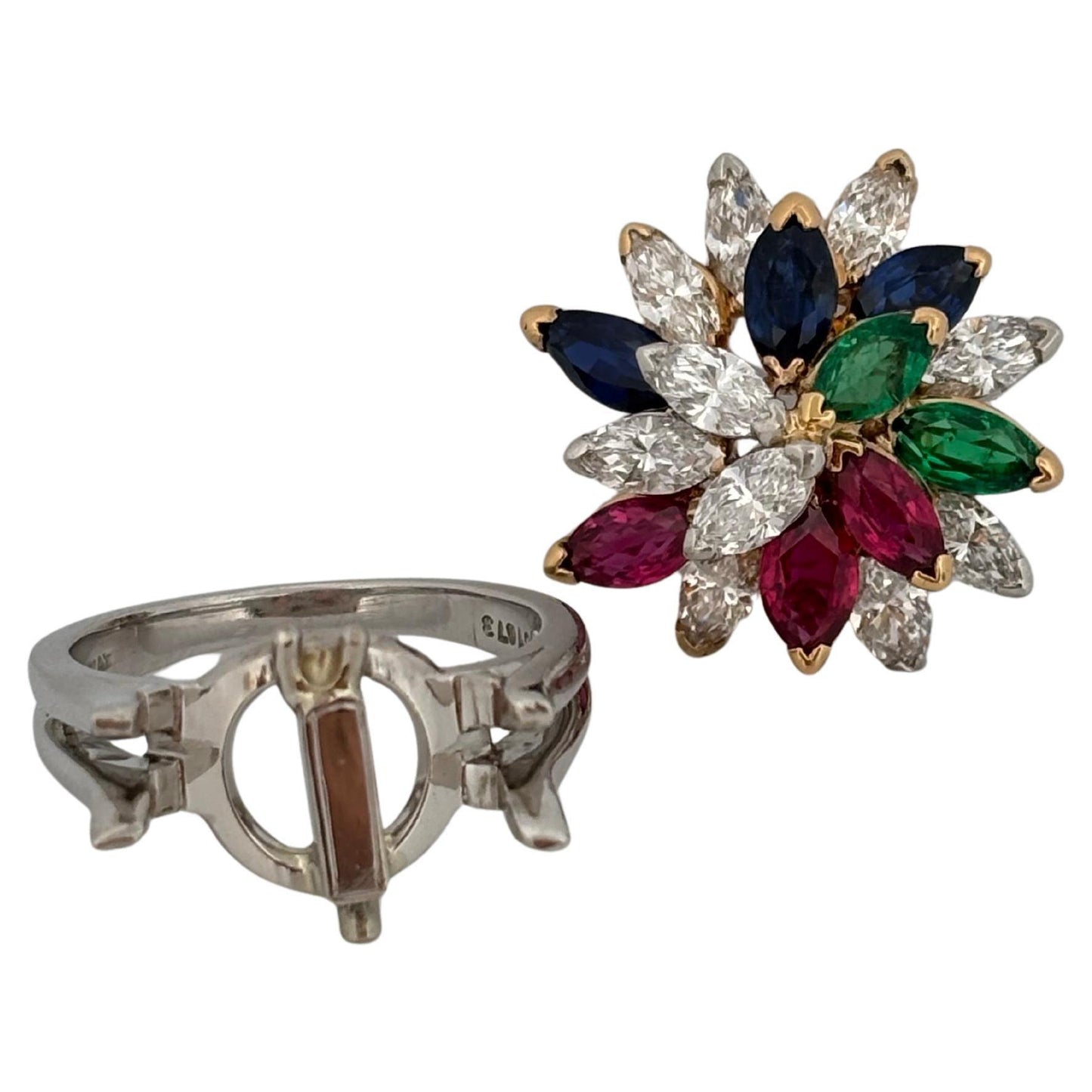 Platinum Marquise Cut Emerald, Sapphire, Ruby & Diamond Ring Pendant Combo