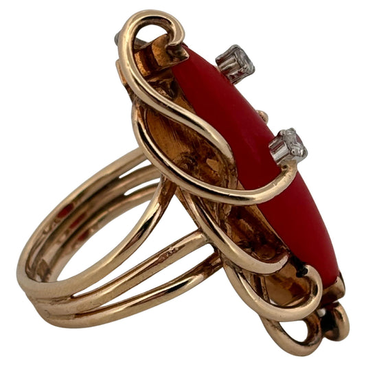 Red Natural Coral & Diamond 14K Yellow Gold Abstract Ring