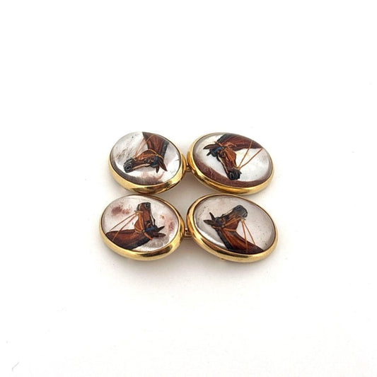 Reversed Quartz Crystal 14K Yellow Gold Painted Horse Cufflinks