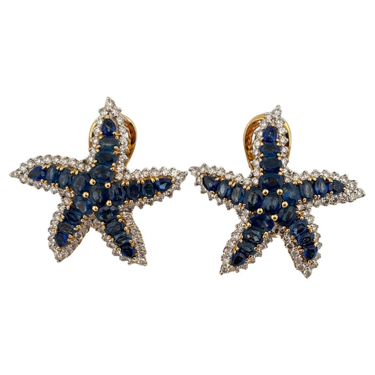 Starfish 18K Yellow Gold 6.60 Carat Sapphire 1.50 Carat Diamond Clip On Earrings