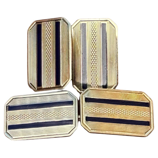 Striped Blue Enamel 14K Yellow Gold Rectangular Cufflinks