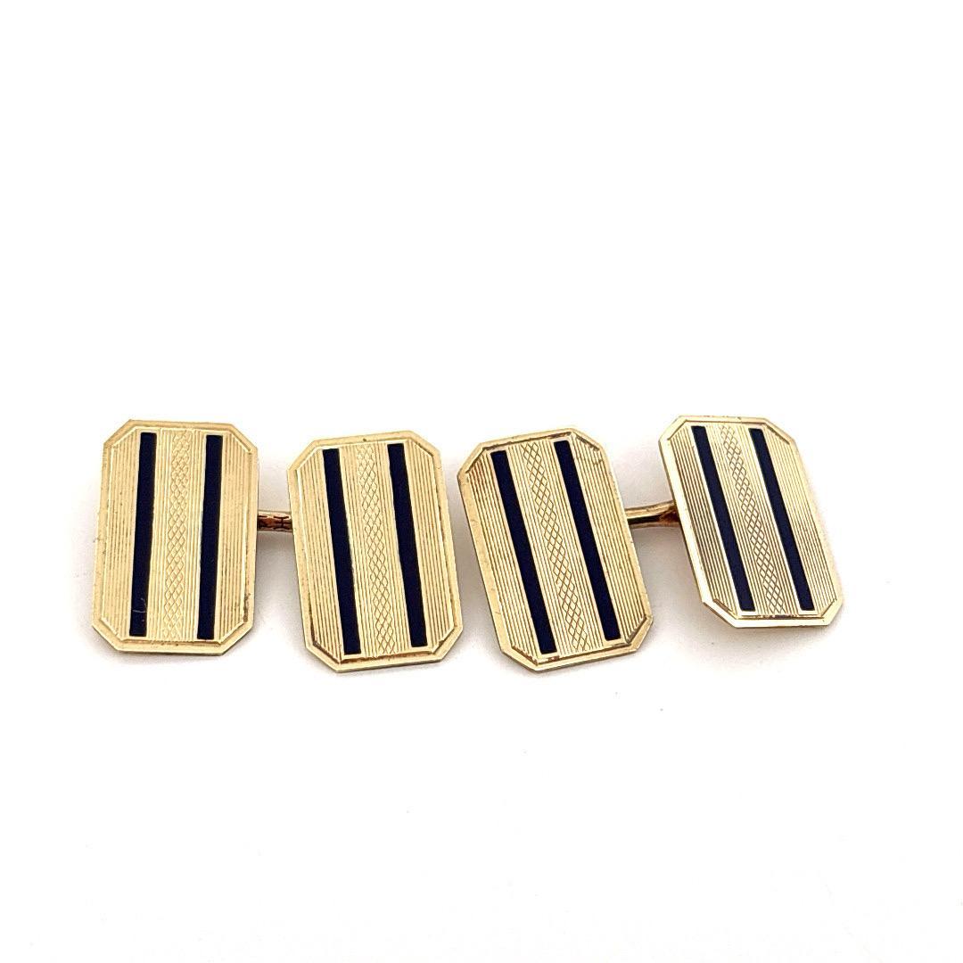 Striped Blue Enamel 14K Yellow Gold Rectangular Cufflinks