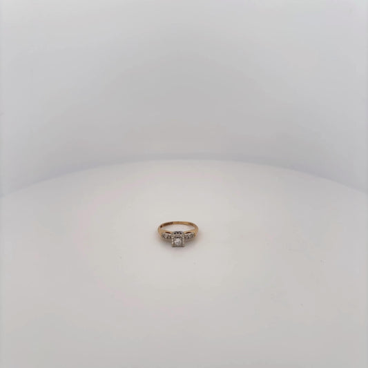 14K Two Tone Ring With Diamonds and Filigree Square Top with Round Diamond