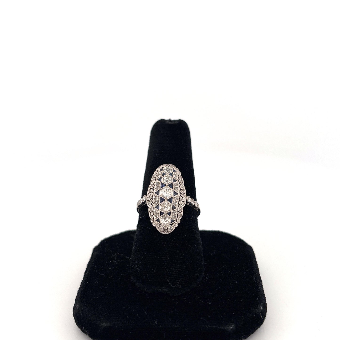 Platinum Art Deco Diamond and Sapphire Elongated Ring