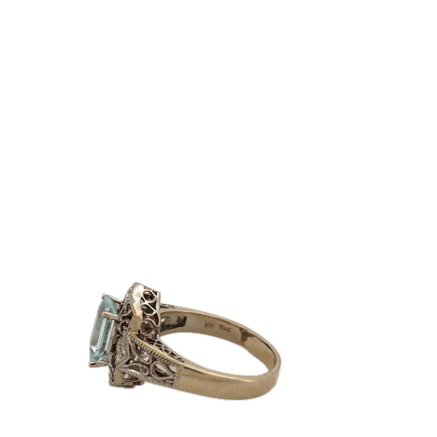 14K White Gold Filigree Emerald Cut Aquamarine Ring Vintage