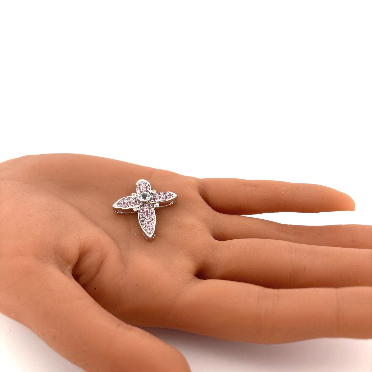 14k White Gold Cross with Blue and Pink Topaz