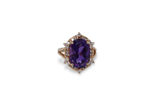 14K Yellow Gold Amethyst & Diamond Ring