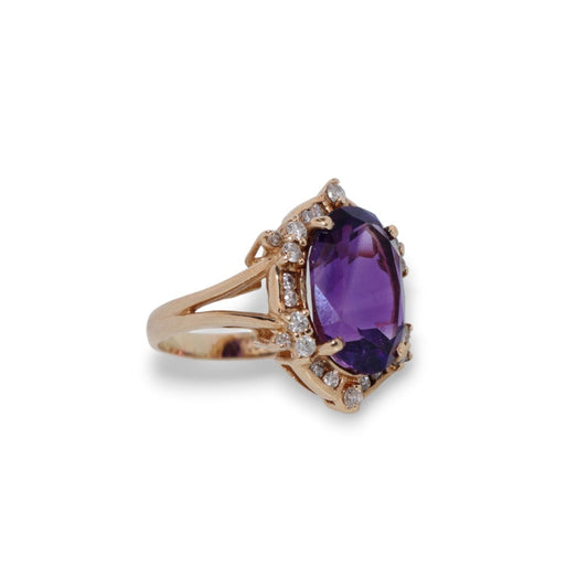 14K Yellow Gold Amethyst & Diamond Ring