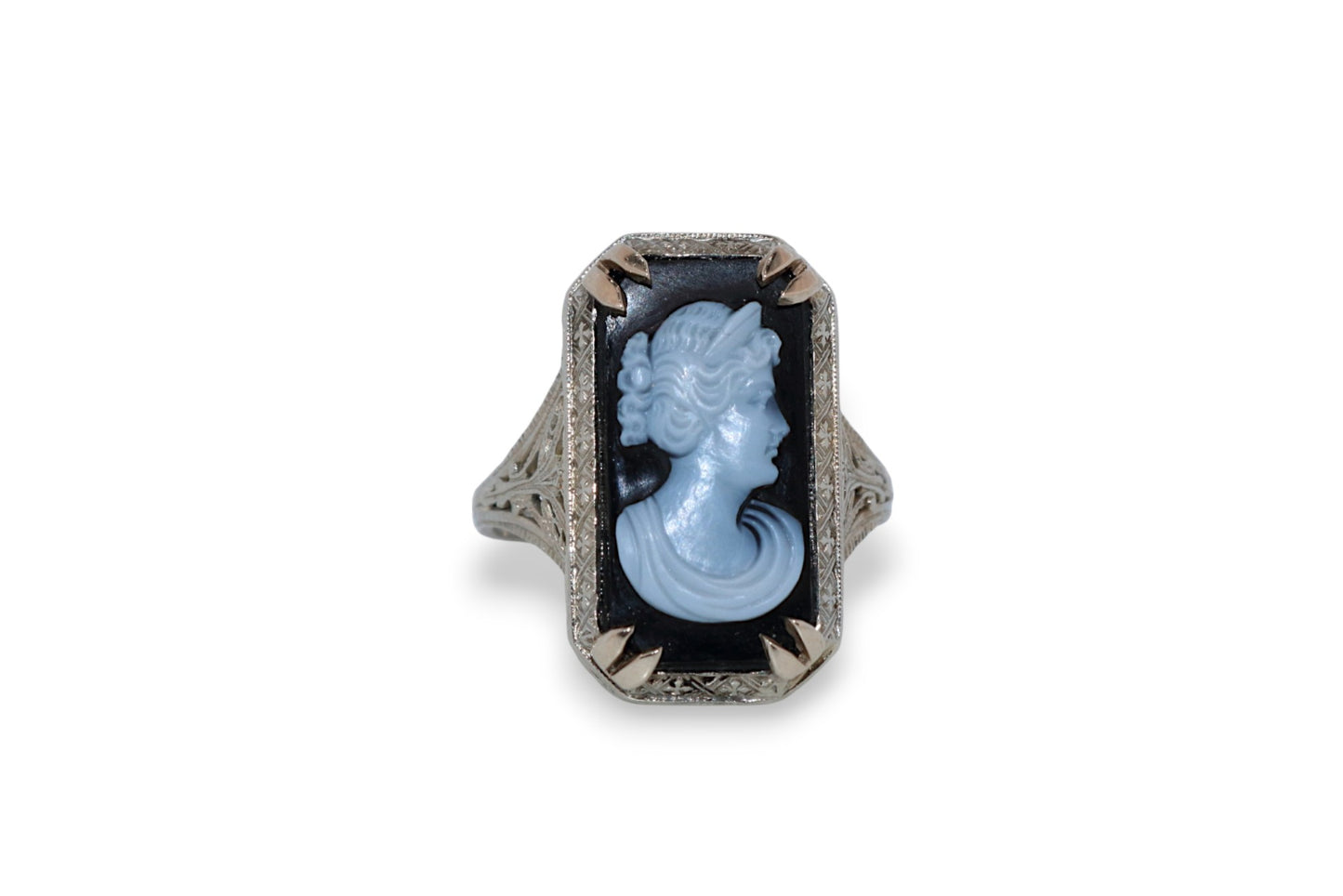 14K White Gold Vintage Black Cameo Ring