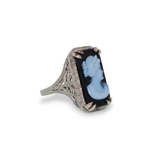 14K White Gold Vintage Black Cameo Ring