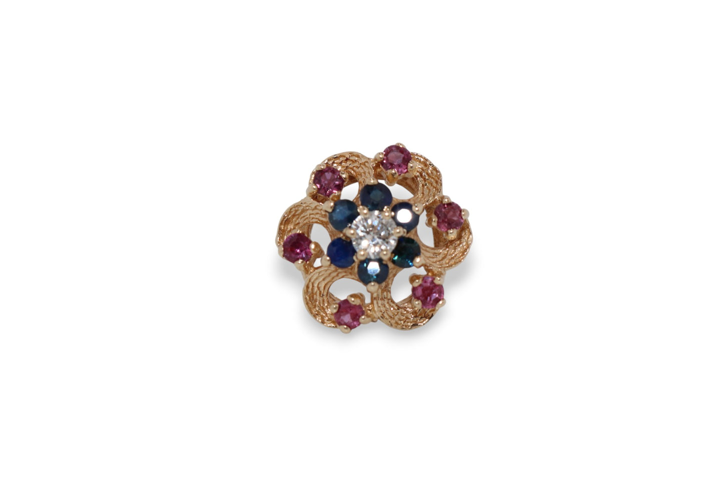14K Yellow Gold Diamond, Sapphire & Ruby Flower Ring