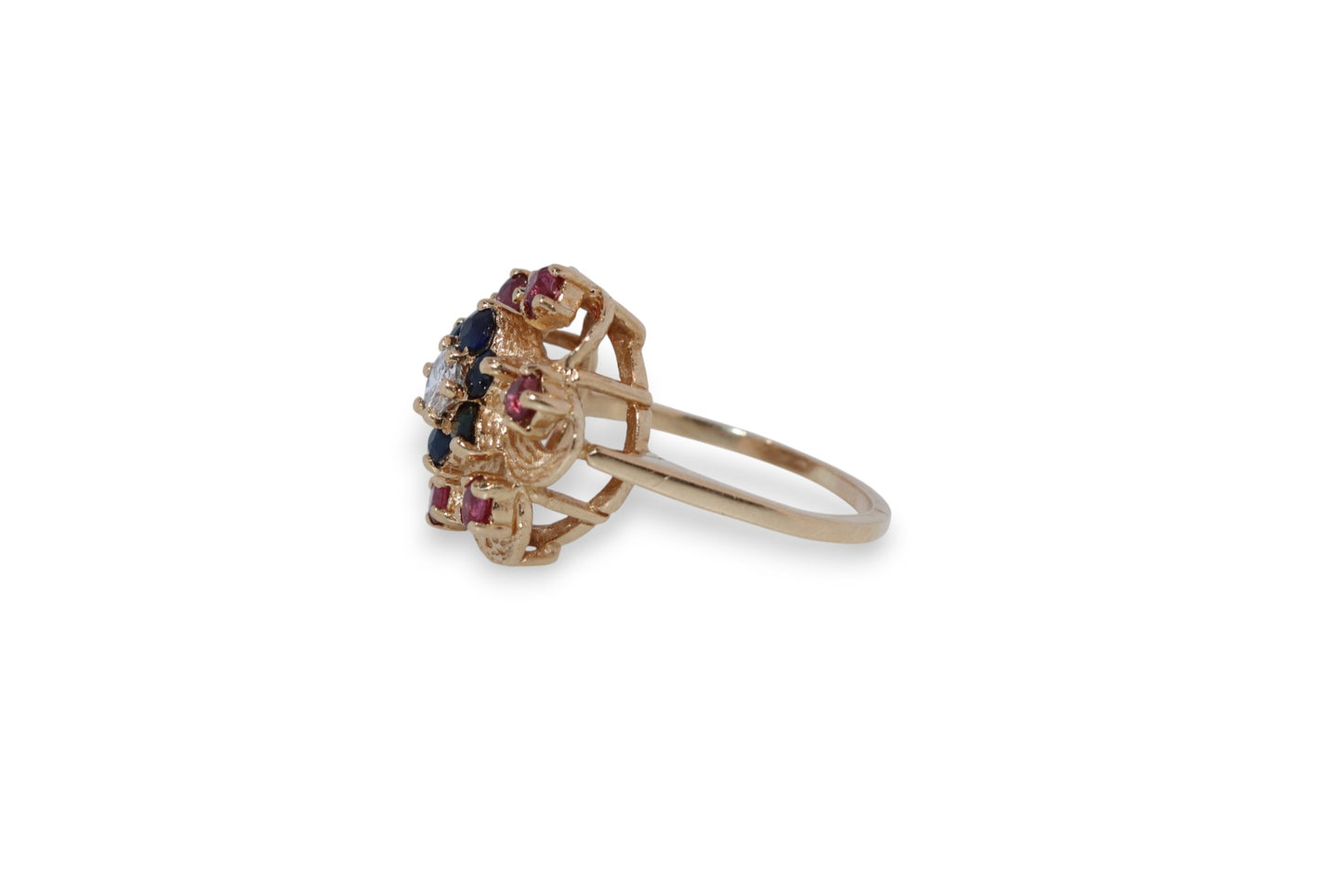 14K Yellow Gold Diamond, Sapphire & Ruby Flower Ring